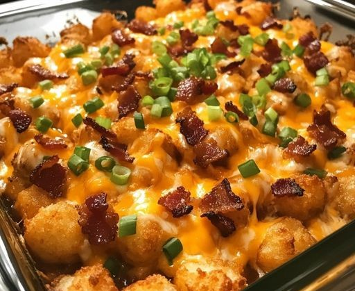 Easy Loaded Tater Tot Casserole with BBQ Chicken and Bacon