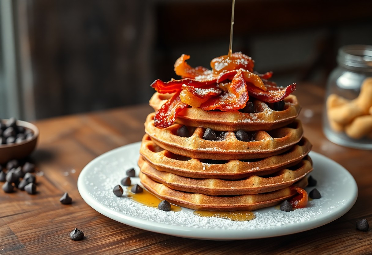 Candied Bacon and Chocolate Chip Waffles