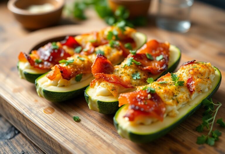 Crispy Bacon and Cheese-Stuffed Zucchini Boats: A Flavorful Low-Carb Delight