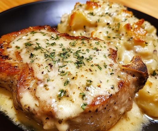 Garlic Parmesan Pork Chops with Cheesy Scalloped Potatoes: A Comforting Dinner Delight