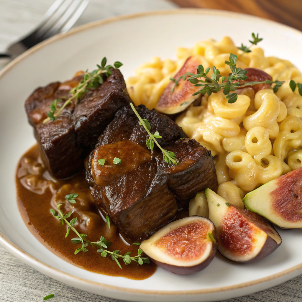 Bourbon Braised Short Ribs with Honey and Fig Mac and Cheese