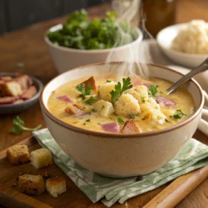 "Cheesy Cauliflower and Ham Soup: A Comforting One-Pot Meal"