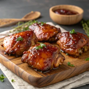 "Mahogany Chicken Thighs: Sweet, Sticky, and Irresistible"