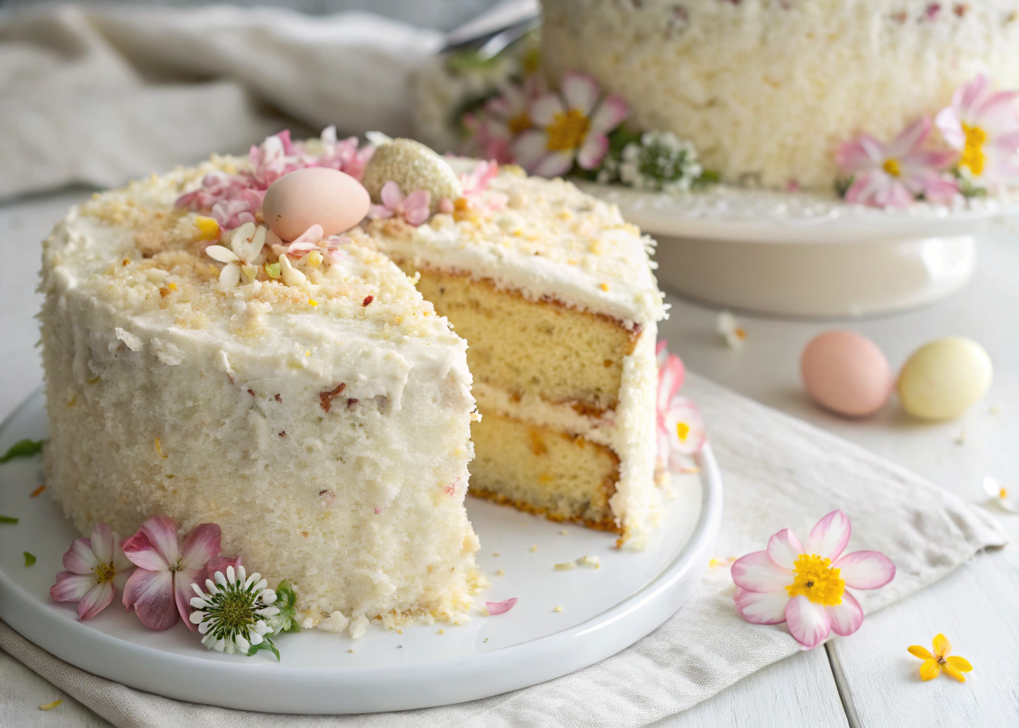 A Beautiful Spring Cake: Speckled Malted Coconut Layered with Fluffy Frosting