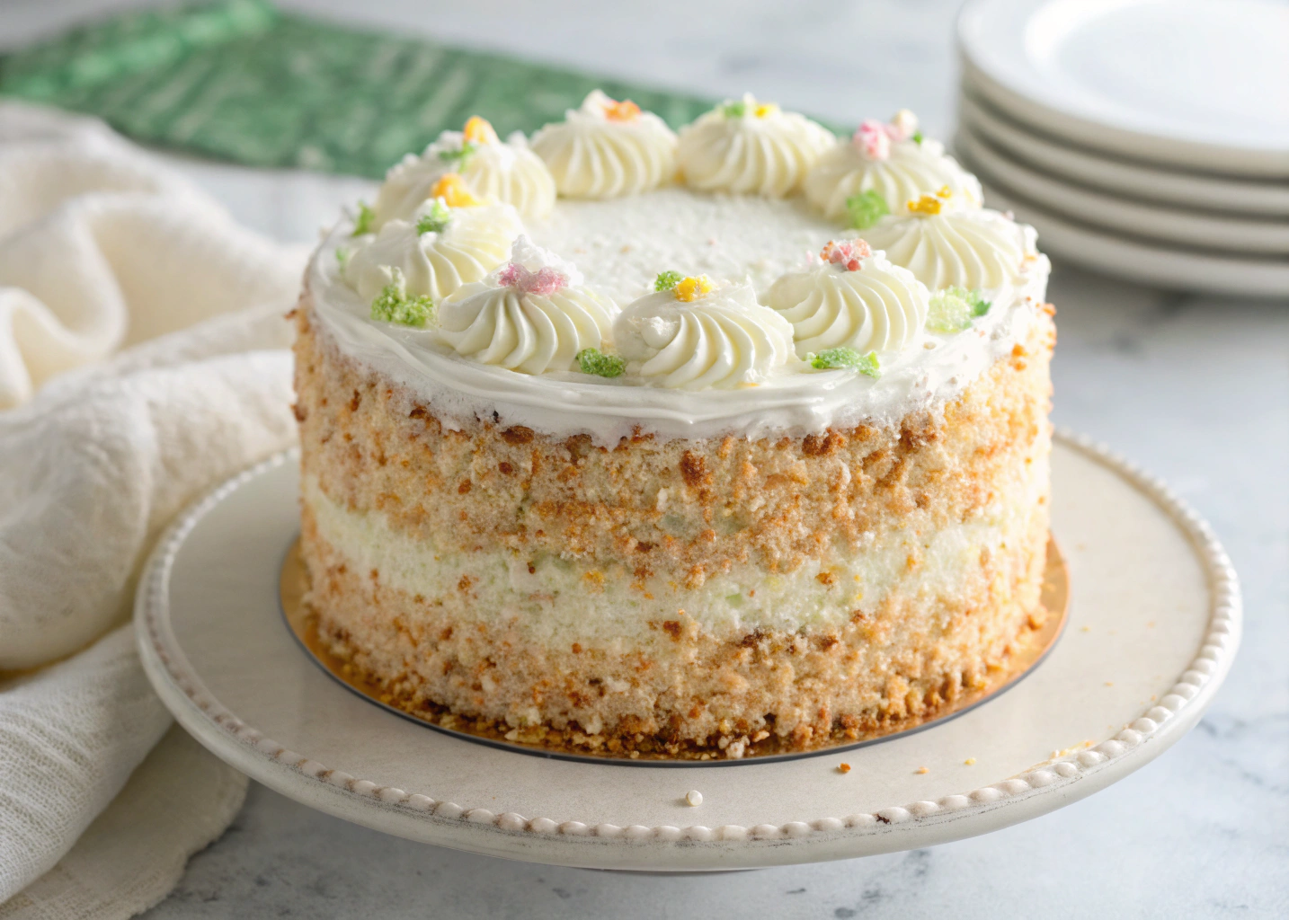 A Beautiful Spring Cake: Speckled Malted Coconut Layered with Fluffy Frosting