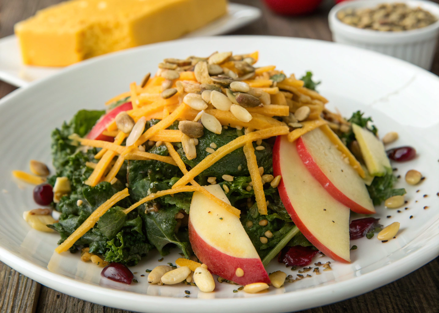 Cheddar Apple Kale Salad With Cider Vinaigrette and Toasted Seeds