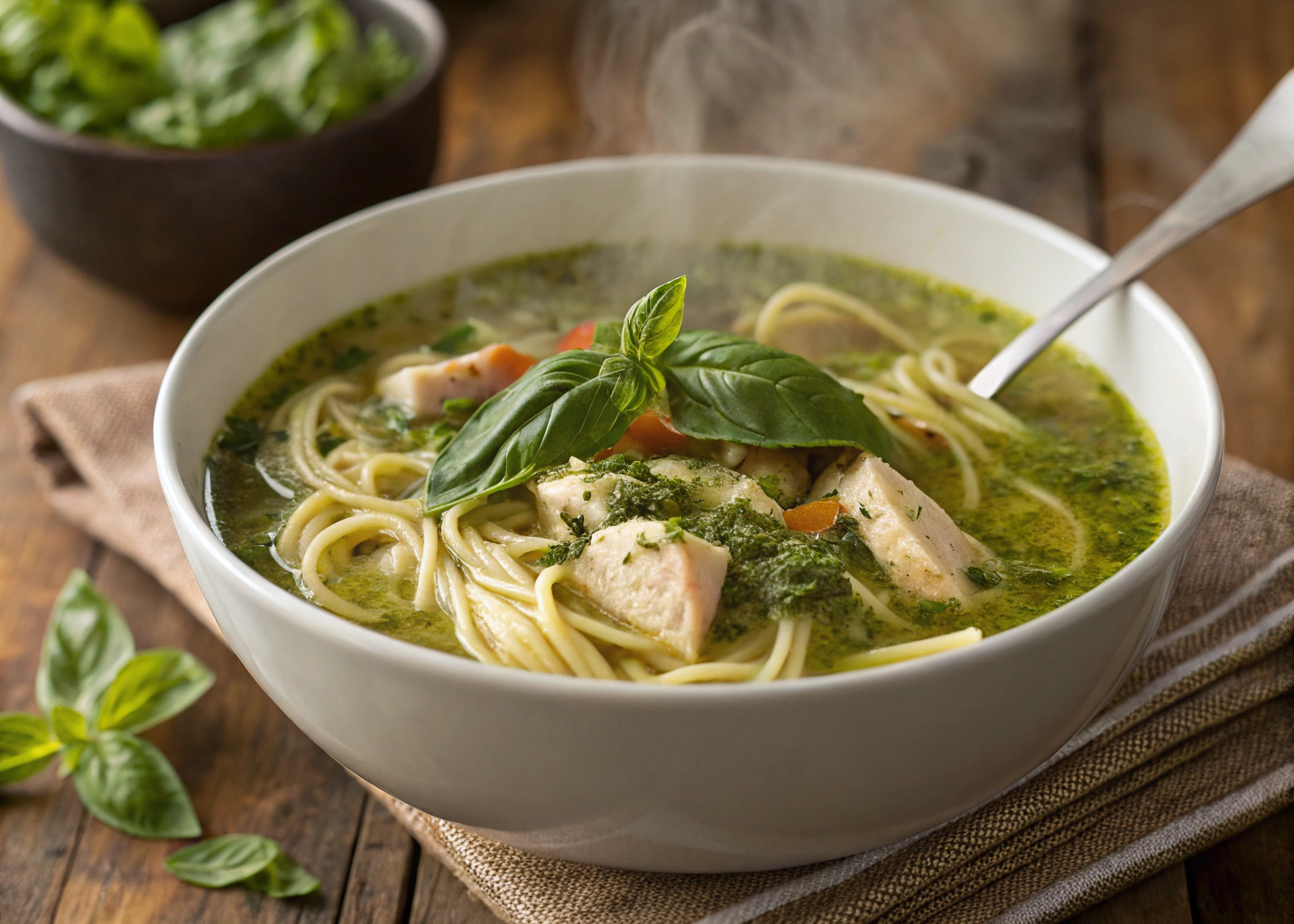Cozy Pesto Chicken Noodle Soup With a Fresh, Herby Twist