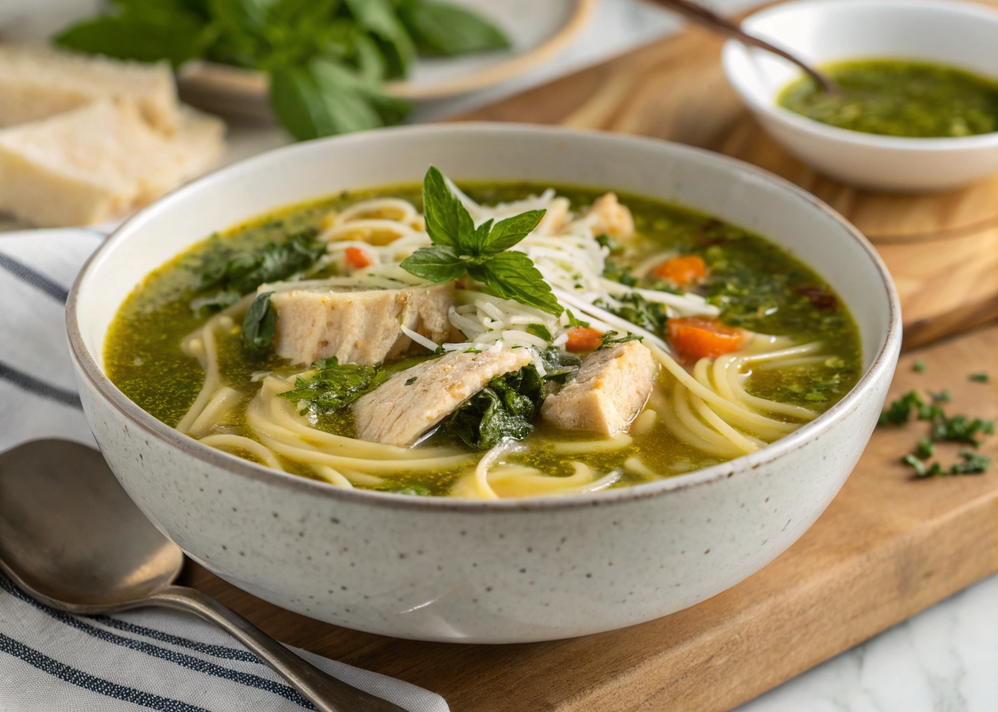Cozy Pesto Chicken Noodle Soup With a Fresh, Herby Twist
