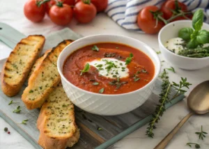 Homemade Fresh Tomato Soup with Crispy Herb Toasts – A Cozy Meal