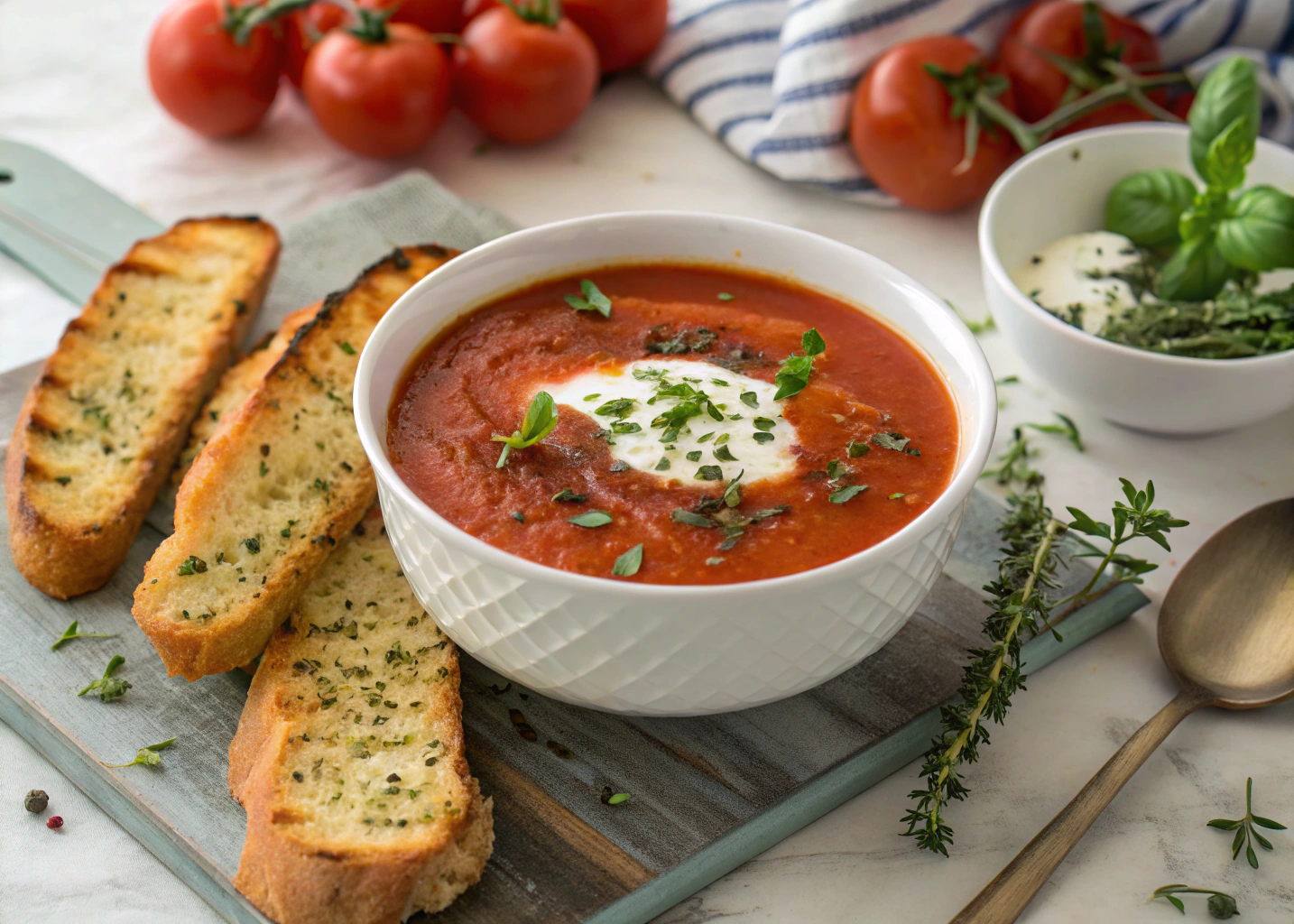 Homemade Fresh Tomato Soup with Crispy Herb Toasts – A Cozy Meal