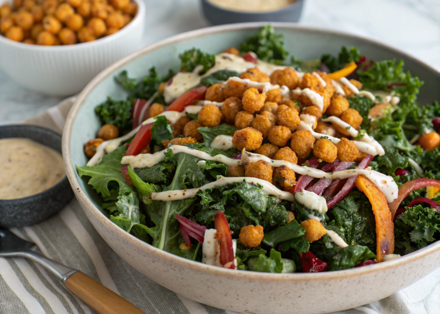Parmesan Tahini Kale Salad With Crispy Chickpeas and Creamy Dressing
