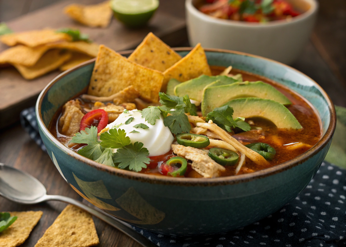 Poblano Chicken Tortilla Soup With Smoky Heat and Crunchy Toppings