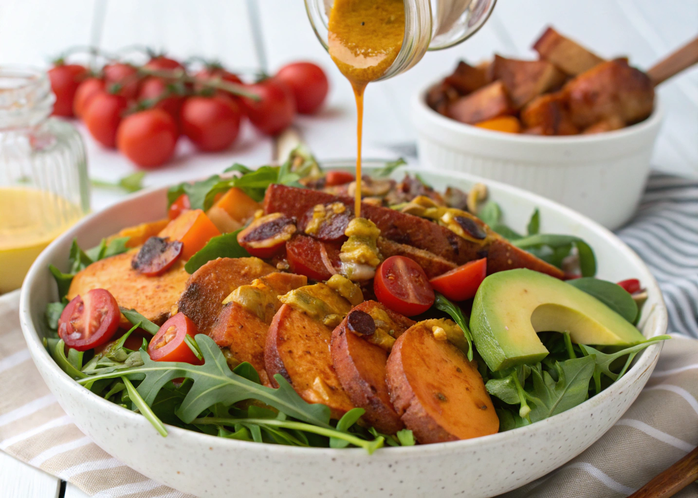 Roasted Sweet Potato Bacon Salad With Tangy Honey Mustard Dressing