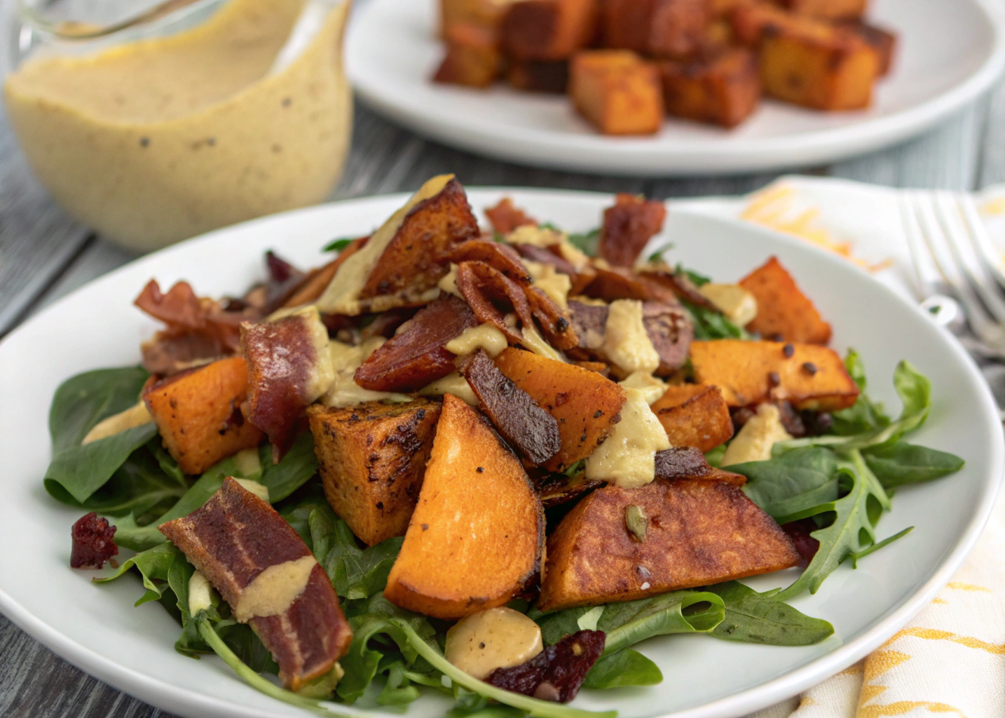 Roasted Sweet Potato Bacon Salad With Tangy Honey Mustard Dressing