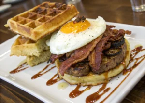 Savory Maple Bacon Waffle Burger with Fried Egg