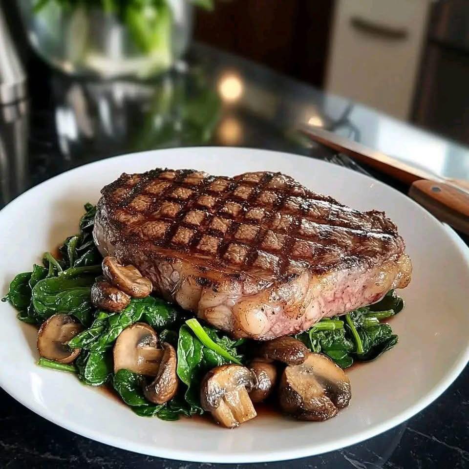 Garlic Butter Ribeye with Sautéed Spinach and Mushrooms – chefmaniac.com