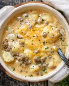 This Hearty Hamburger Potato Soup Tastes Like a Cheeseburger in a Bowl