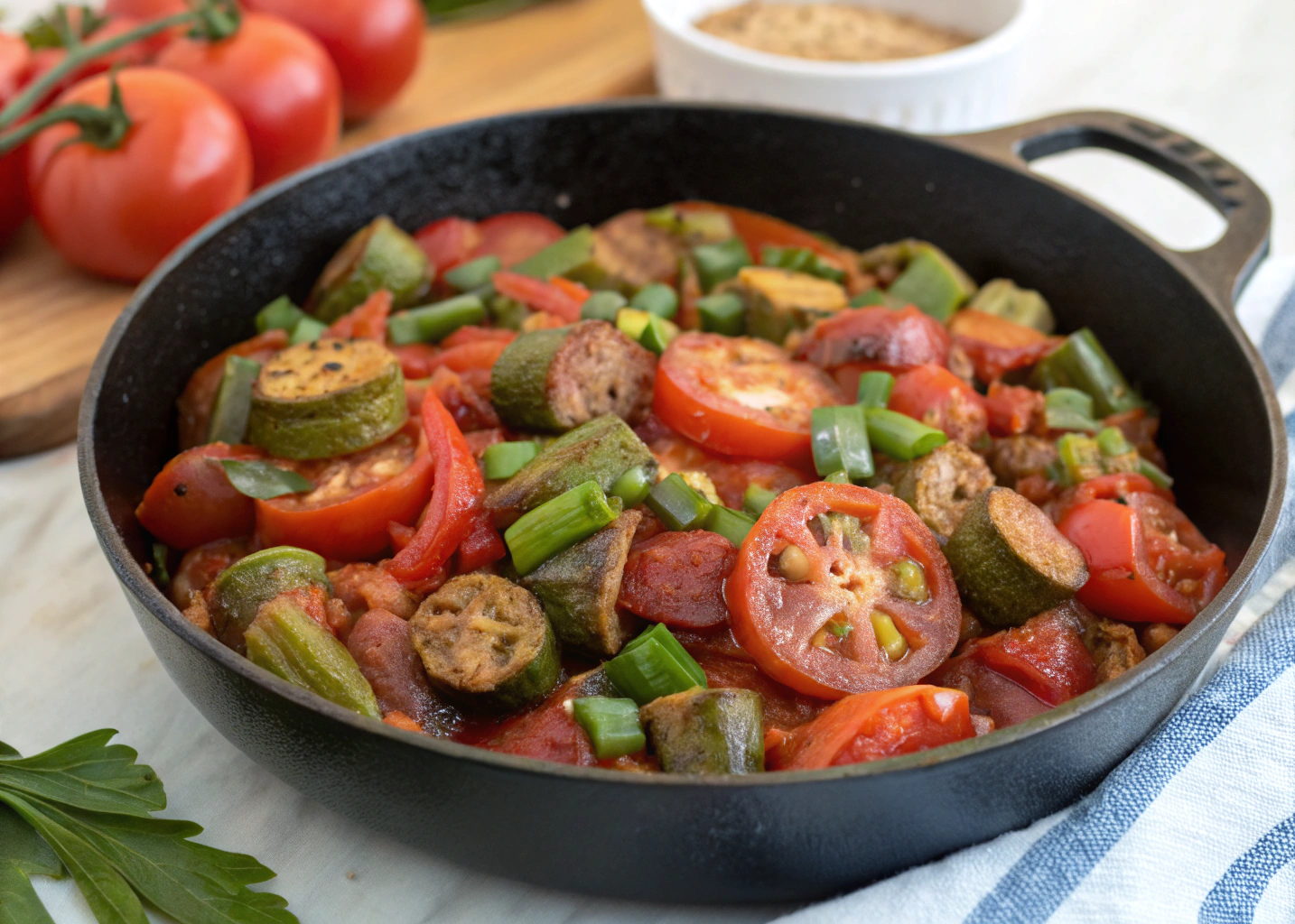 This Tomato Skillet with Okra and Sausage is My Favorite Quick Lunch