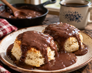 Chocolate gravy poured over warm buttermilk biscuits on a rustic Southern breakfast table