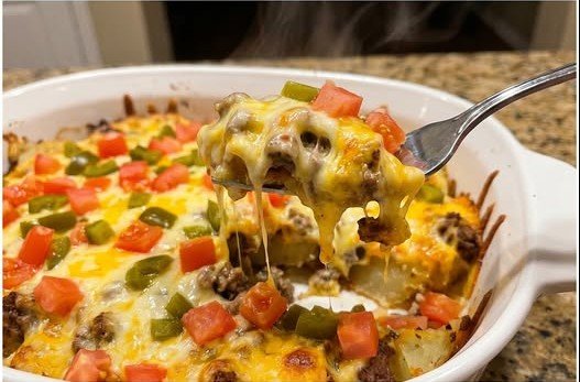 Finished loaded queso burger potato cups topped with melted cheese, tomatoes, and jalapenos