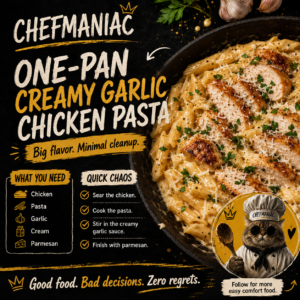 One-pan creamy garlic chicken pasta with penne, parmesan, and seared chicken
