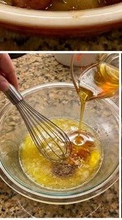Whisking honey butter garlic sauce for smoked sausage and potatoes