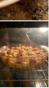 Smoked sausage and potatoes baking in the oven