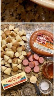 Diced potatoes, smoked sausage, butter, honey, and seasonings for smoked sausage potato bake