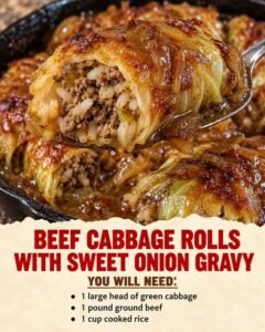 Beef and rice cabbage roll with sweet onion gravy, shown on a spoon above a baking dish