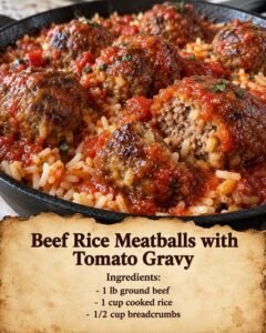 Beef rice meatballs with tomato gravy served over rice, with a cut meatball showing the beef and cooked rice filling