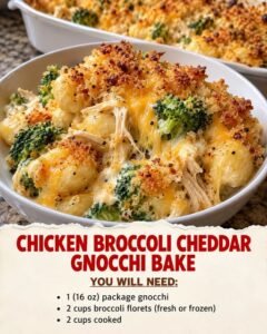 Chicken broccoli cheddar gnocchi bake with shredded chicken, broccoli florets, melted cheese, and golden breadcrumbs