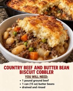Country beef and butter bean biscuit cobbler with mixed vegetables, savory gravy, and a golden biscuit topping