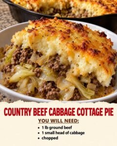 Country beef cabbage cottage pie with a golden mashed potato topping over ground beef and tender cabbage