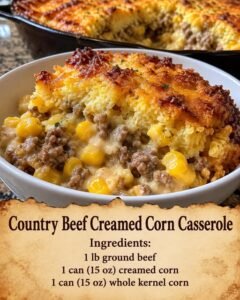 A soft beef-and-corn casserole with creamed corn, corn muffin mix, eggs, and cheddar, baked until the center is fully set.