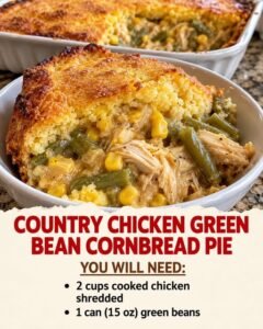 Country chicken green bean cornbread pie with shredded chicken, green beans, corn, creamy filling, and a golden cornbread topping