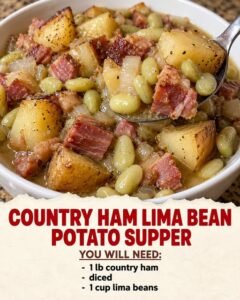 A stovetop supper of fully cooked ham, tender potatoes, and frozen lima beans in a savory onion broth.