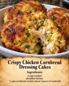 Crispy chicken cornbread dressing cakes with golden crusts and a broken cake showing shredded chicken and celery