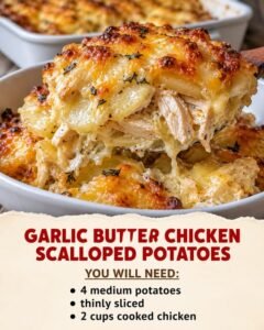 Creamy garlic butter chicken and thinly sliced potatoes with golden cheddar