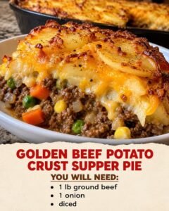 Golden beef potato crust supper pie with ground beef, peas, carrots, corn, layered potatoes, and browned cheddar