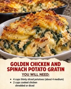 Golden chicken and spinach potato gratin showing tender potato layers, shredded chicken, spinach, and browned cheddar