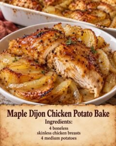 Chicken breasts and sliced potatoes in a sweet maple-Dijon sauce, with a potato head start to keep the chicken from overcooking.