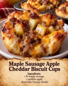Maple sausage apple cheddar biscuit cup with golden biscuit edges, diced apple, browned sausage, and melted cheddar