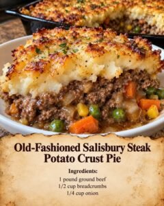 Old-fashioned Salisbury steak potato crust pie with savory beef, peas, carrots, corn, gravy, and golden mashed potatoes