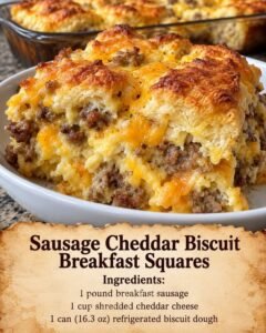 Sausage cheddar biscuit breakfast square with golden biscuit pieces, browned sausage, eggs, and melted cheddar