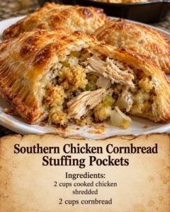 Southern chicken cornbread stuffing pockets with golden pastry and a cut-open pocket showing shredded chicken, cornbread, and celery