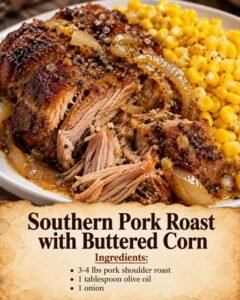 Slow oven-braised pork shoulder with onion, garlic, and cider vinegar, served with simple buttered corn.