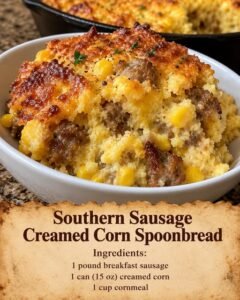 A soft, casserole-style spoonbread with browned sausage, creamed corn, cornmeal, and optional cheddar.
