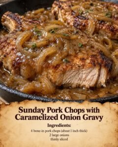 Bone-in pork chops topped with golden caramelized onions and savory gravy in a skillet