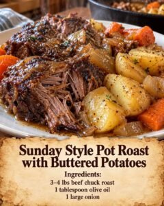 Sunday style pot roast with tender beef, buttered potato pieces, carrots, and onions on a serving plate